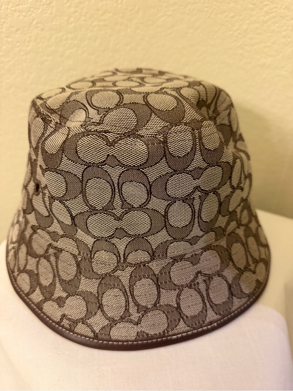 Coach Brown Signature Monogram Bucket Hat with Leather Trim